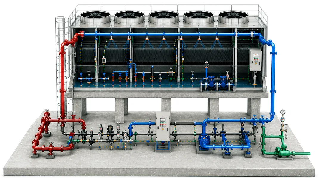 Diagram of the measuring points in a evaporative cooling tower
