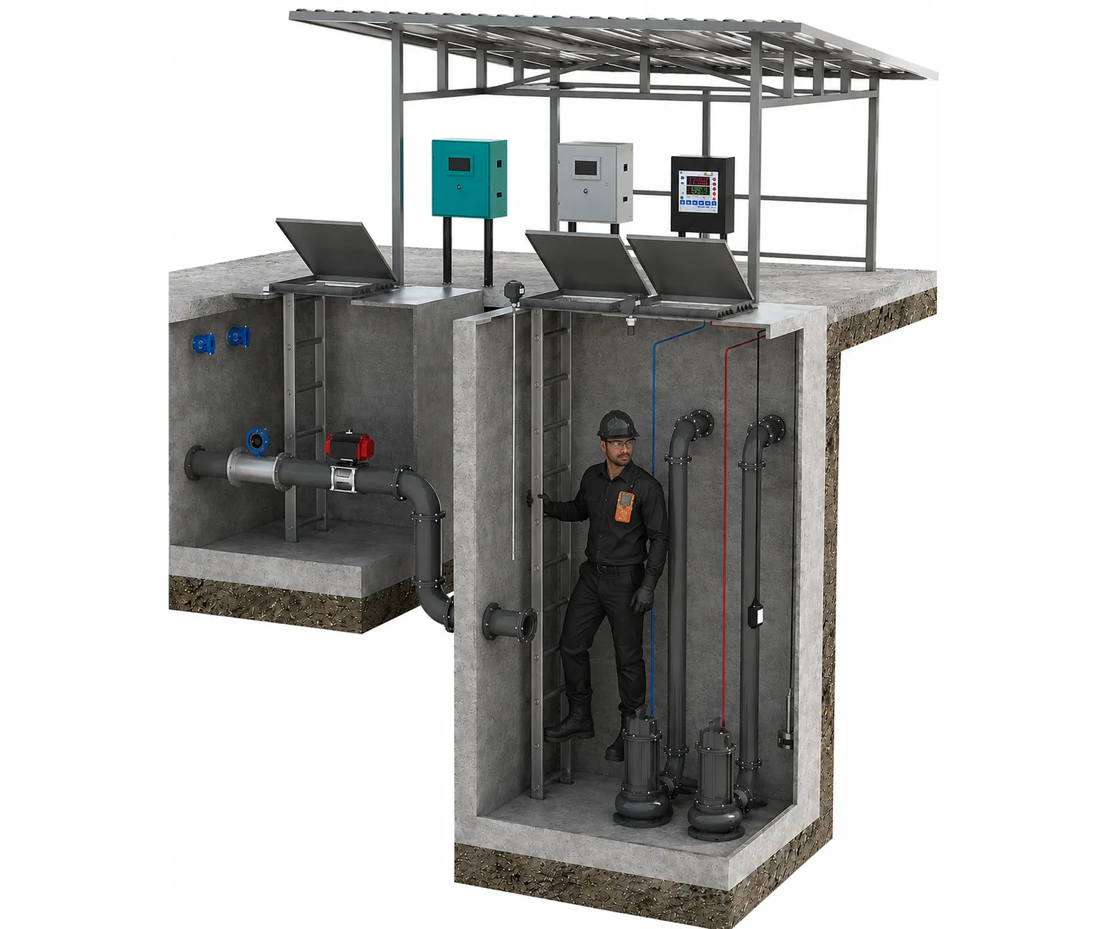 Diagram of the measuring points in a lift station